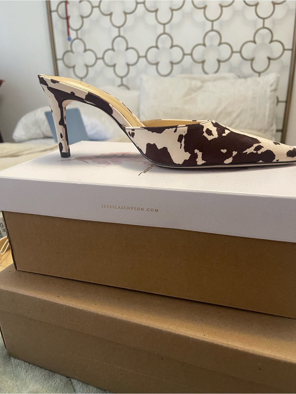 Jessica Simpson Brown and White Cow-Print Pointed Mule